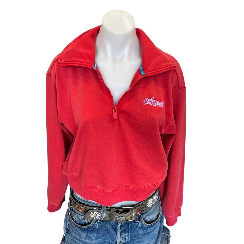 Prince Pickleball Sweatshirt Quarter Zip MEDIUM Logo Preppy Cropped Orange Retro